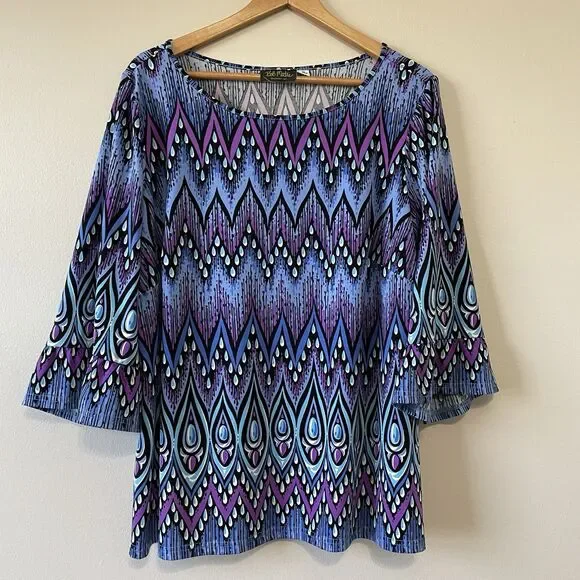 Bob Mackie Wearable Art Long Sleeve Knit Tunic Top 1X Artsy Bell Sleeve - Picture 1 of 10